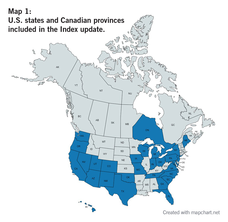 Map 1: U.S. states and Canadian provinces included in the Index update.
